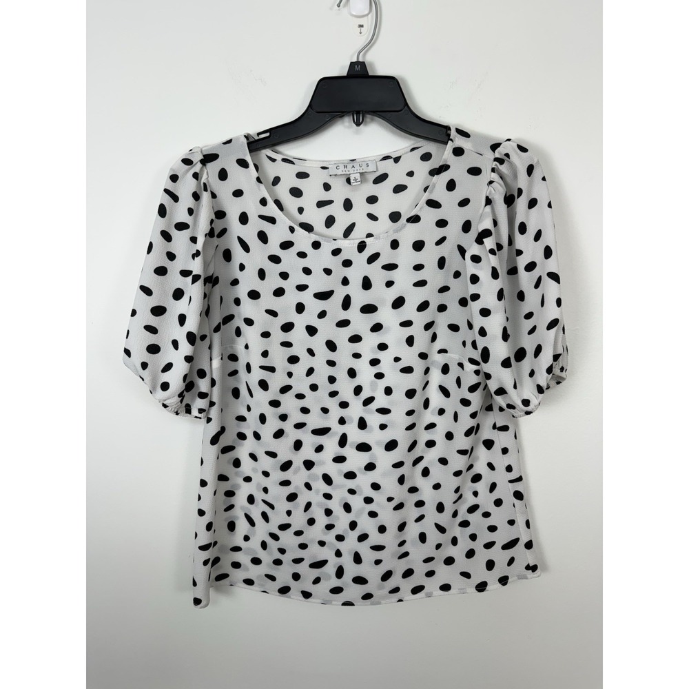 Chaus New York White Black Polka Dotted Dalmatian Puff Sleeve Preppy Chic Top S
